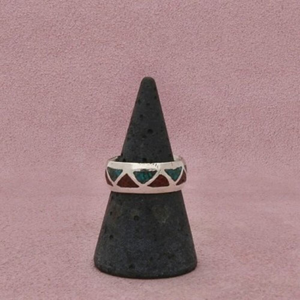 Navajo Sterling Silver Vintage Turquoise & Coral Inlay Band Ring Size 7.5